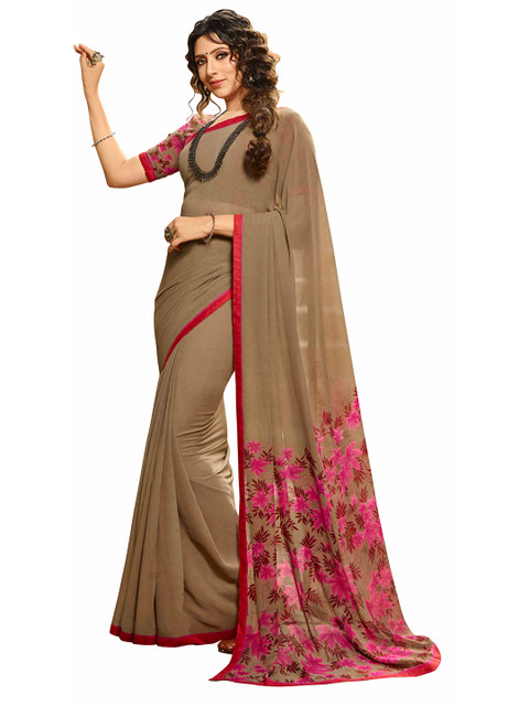 

Zainab chottani Grey & Pink Floral Pure Georgette Block Print Saree