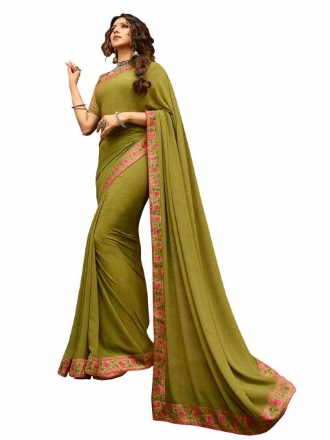 

Zainab chottani Olive Green & Pink Floral Pure Georgette Block Print Saree