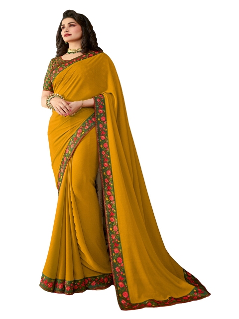 

Zainab chottani Yellow & Pink Pure Georgette Block Print Saree