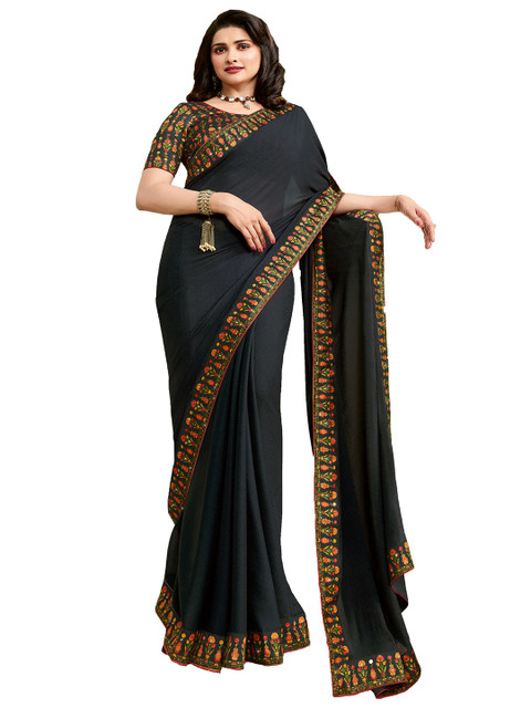 

Zainab chottani Black & Pink Floral Pure Georgette Block Print Saree