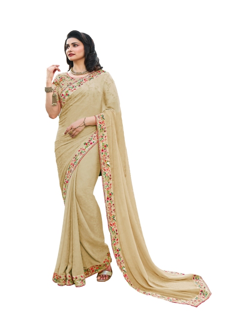 

Zainab chottani Cream-Coloured & Pink Floral Pure Georgette Block Print Saree