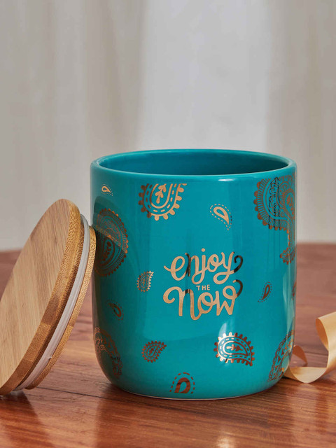 

Chumbak Teal Blue Printed Storage Jar
