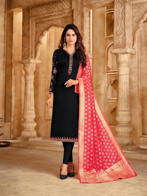 

mf Women Black & Pink Embroidered Silk Georgette Semi-Stitched Dress Material