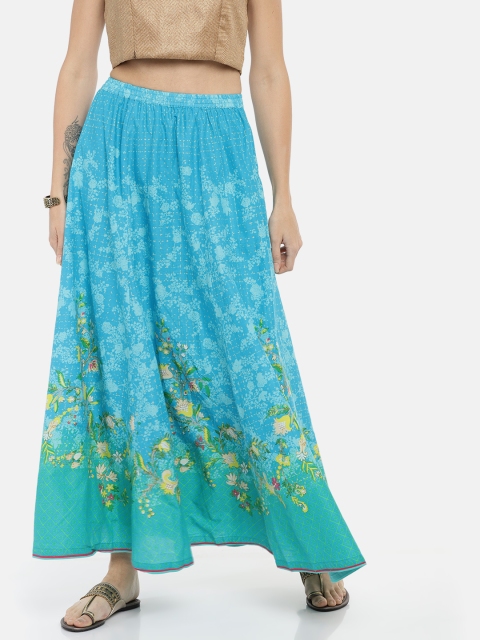 

Biba Women Blue Floral Printed Flared Maxi Pure Cotton Skirt