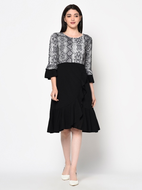 

Miss Grace Women Black & White Animal A-Line Dress