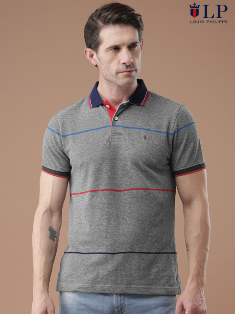 

Louis Philippe Sport Men Grey Striped Polo Collar T-shirt
