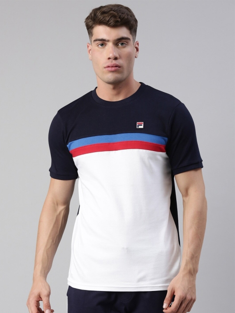 

FILA Men White & Navy Blue Colourblocked Cotton T-shirt