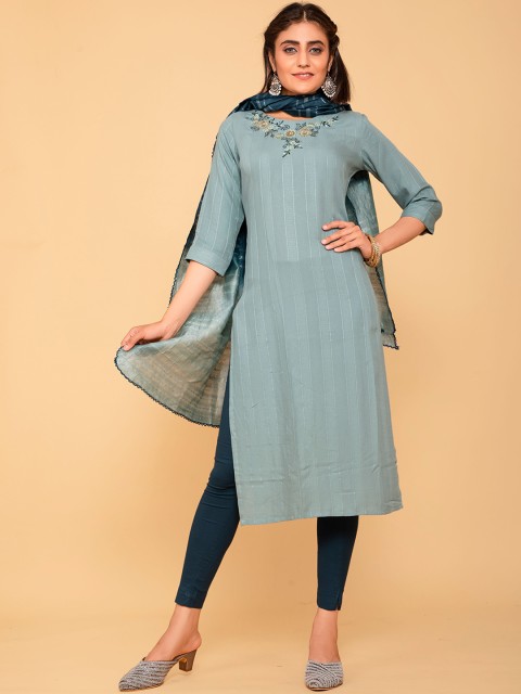 

POONAM DESIGNER Women Blue Embroidered Pure Cotton Kurta with Trousers