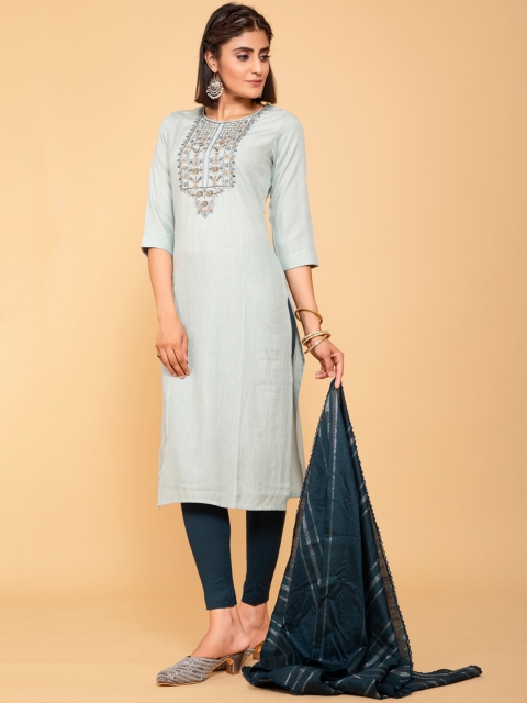 

POONAM DESIGNER Women Grey & Teal Yoke Design Pure Cotton Kurta Set With Dupatta