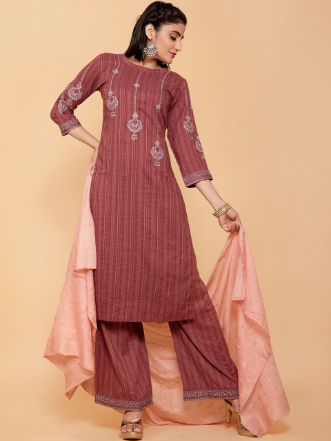 

POONAM DESIGNER Women Rust Embroidered Kurta with Palazzo & With Dupatta