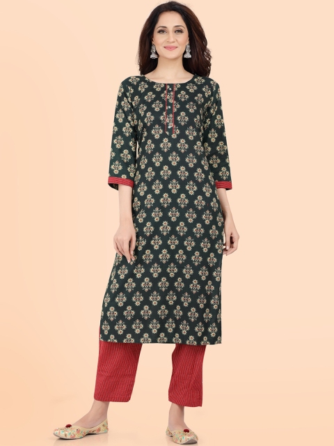

POONAM DESIGNER Women Green Floral Printed Pure Cotton Kurta with Trousers