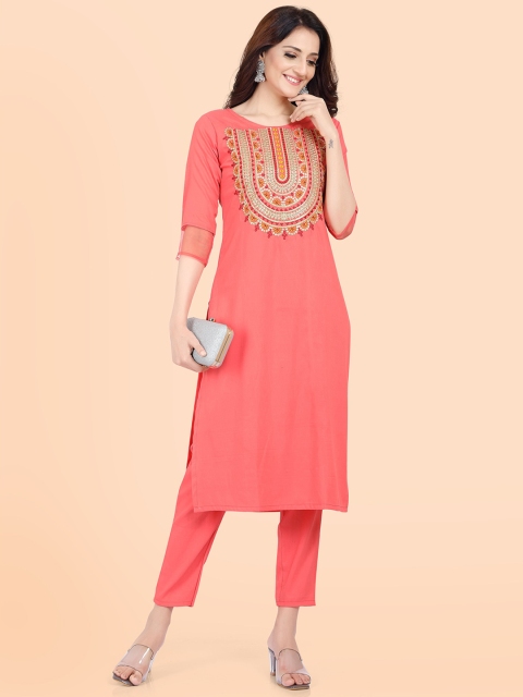 

POONAM DESIGNER Women Orange Ethnic Motifs Yoke Design Pure Cotton Kurta with Trousers