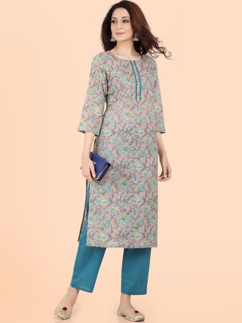 

POONAM DESIGNER Women Blue Floral Printed Pure Cotton Kurta with Trousers & With Dupatta