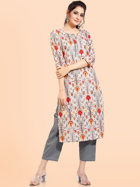 

POONAM DESIGNER Red & Grey Women Floral Printed Pure Cotton Kurta with Trousers, Multi
