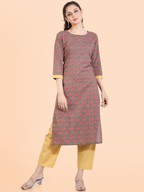

POONAM DESIGNER Women Brown Floral Printed Pure Cotton Kurta with Trousers