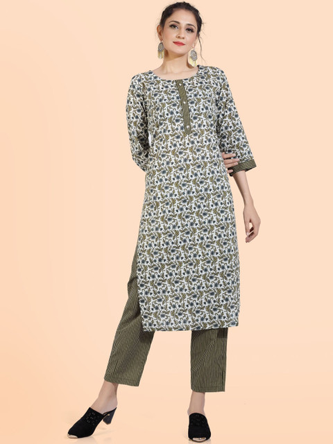 

POONAM DESIGNER Women Green Floral Printed Pure Cotton Kurta with Trousers