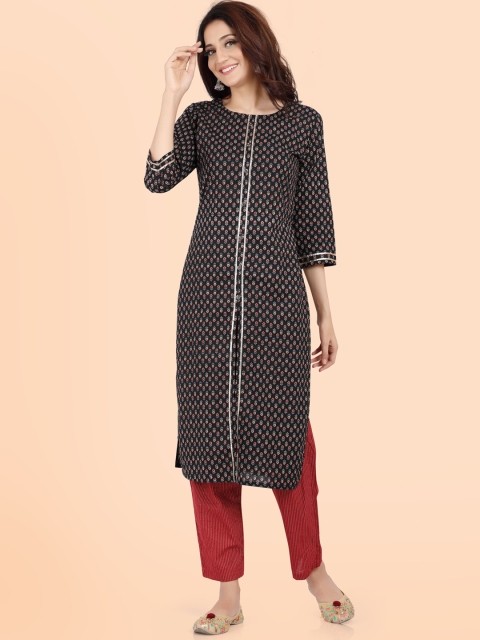 

POONAM DESIGNER Women Black Printed Panelled Pure Cotton Kurti with Trousers