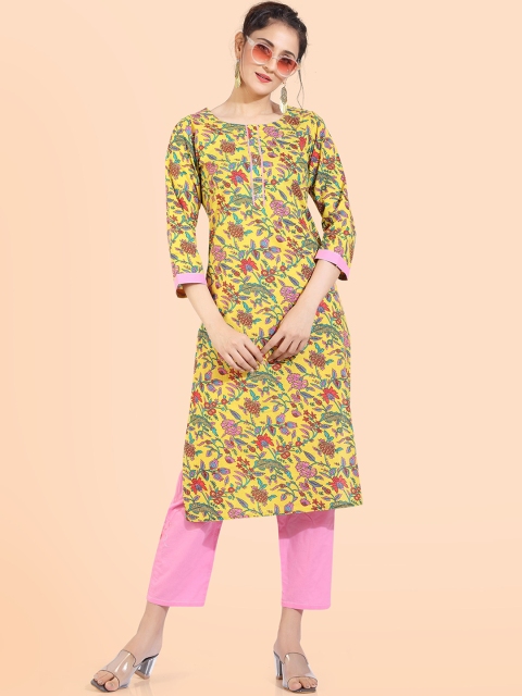 

POONAM DESIGNER Women Yellow Floral Printed Panelled Pure Cotton Kurta with Trousers