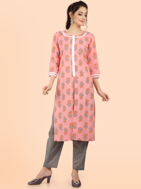 

POONAM DESIGNER Women Pink Floral Printed Pure Cotton Kurta with Trousers
