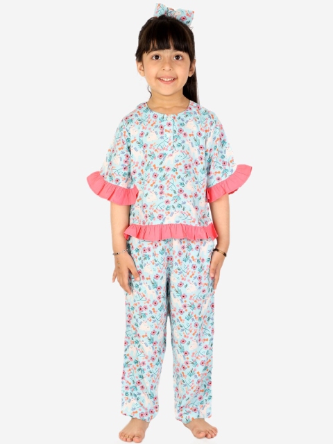 

White Dahlia Girls Blue & Pink Printed Night suit