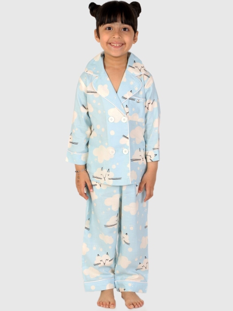 

White Dahlia Kids Blue & Cream-Coloured Clouds Printed Night suit