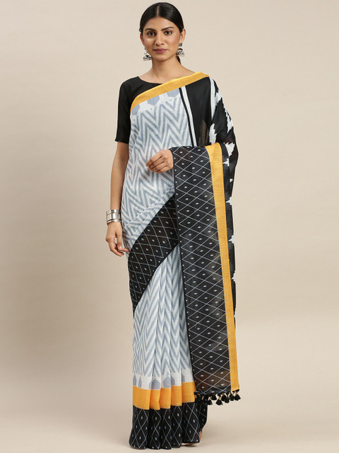 

AVANSHEE Grey & Black Printed Linen Blend Saree
