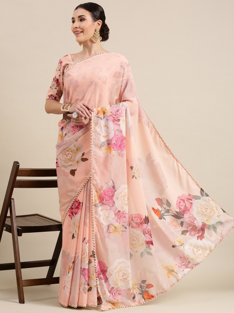 

AVANSHEE Peach-Coloured & Pink Floral Pure Georgette Saree