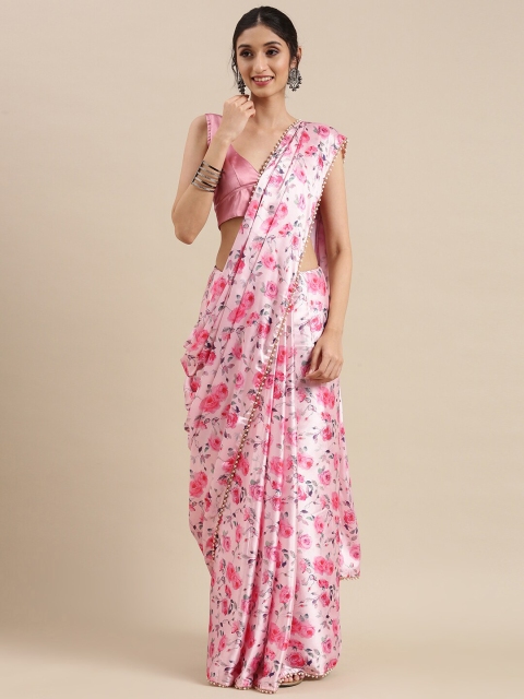 

AVANSHEE Pink & White Floral Satin Saree