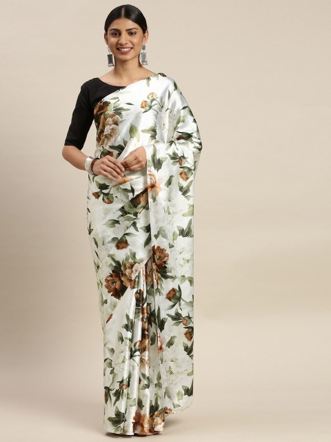 

AVANSHEE Black & White Floral Printed Satin Saree