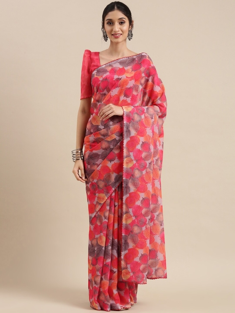 

AVANSHEE Peach & Grey Floral Printed Pure Georgette Saree