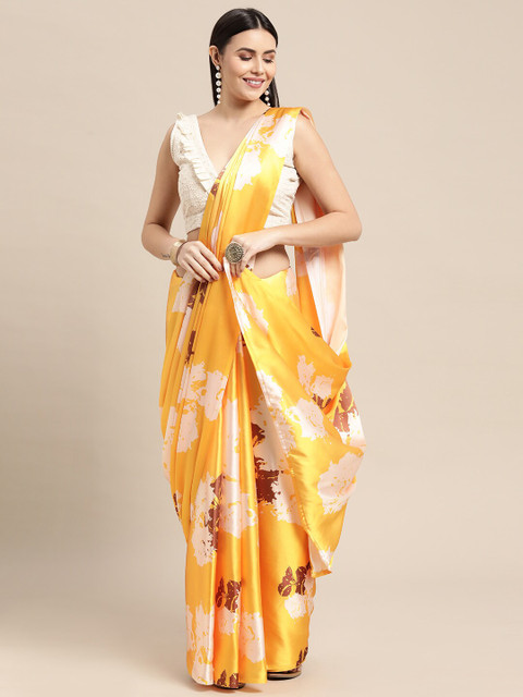 

AVANSHEE Yellow & Cream-Coloured Floral Satin Saree