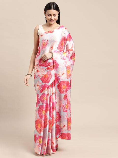 

AVANSHEE White & Pink Floral Satin Saree