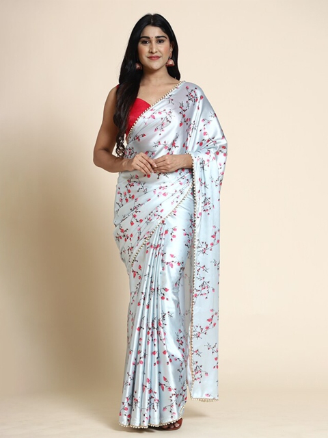 

AVANSHEE Grey & Red Floral Printed Satin Saree