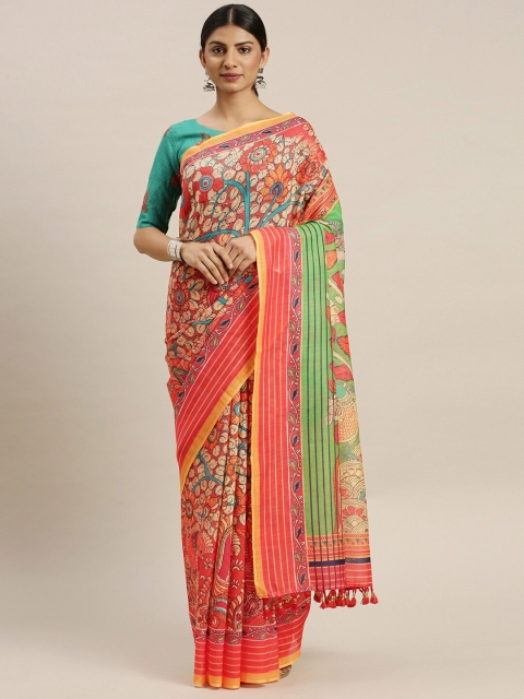 

AVANSHEE Orange & Blue Floral Linen Blend Saree