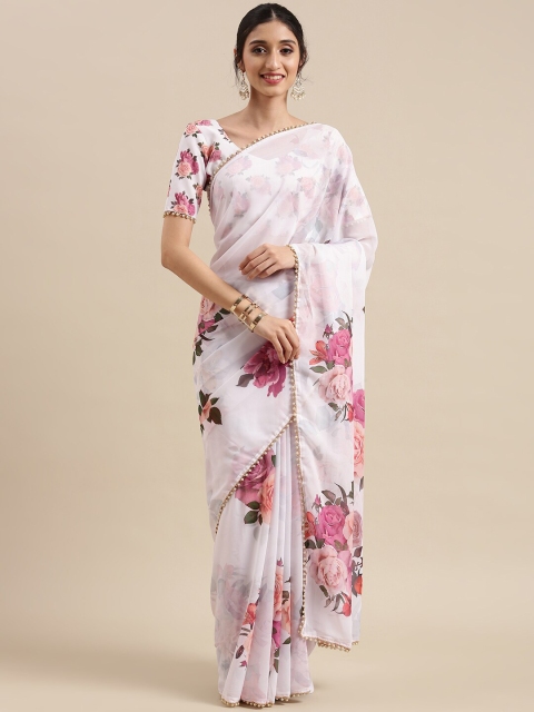 

AVANSHEE White & Pink Floral Pure Georgette Saree