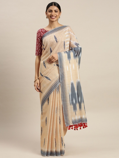 

AVANSHEE Cream-Coloured & Grey Linen Blend Saree