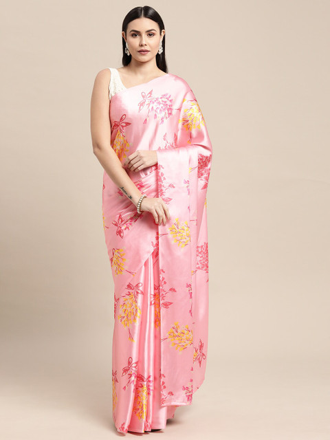 

AVANSHEE Peach & Yellow Floral Printed Satin Saree