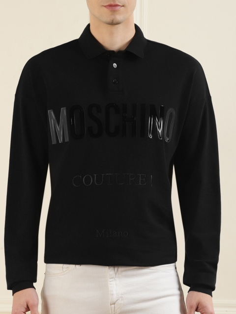 

MOSCHINO COUTURE Men Black Typography Polo Collar Pure Cotton T-shirt