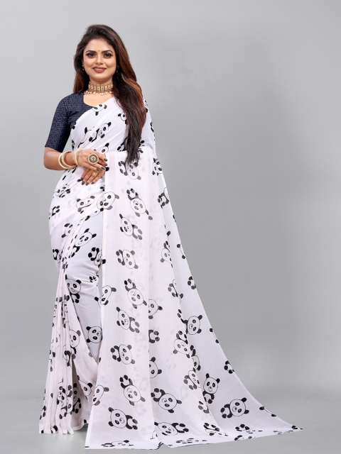 

APNISHA Printed White & Black Saree