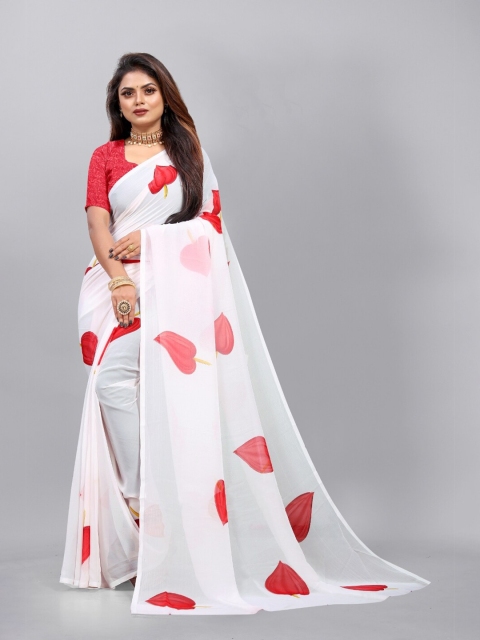 

APNISHA Red & White Floral Printed Saree