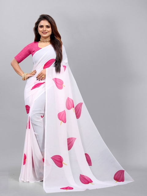 

APNISHA Pink & White Floral Printed Saree