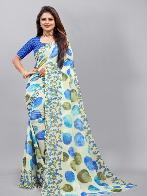 

APNISHA Blue & White Printed Saree