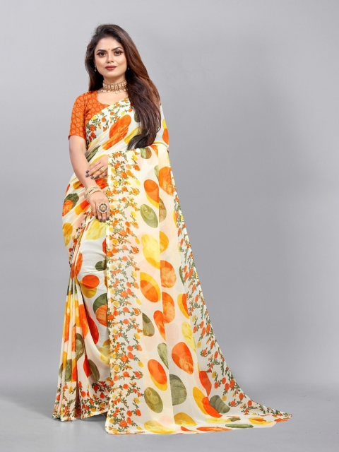 

APNISHA Orange & White Printed Saree