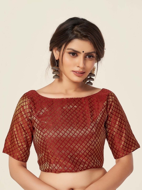

HIMRISE Women Maroon Woven-Design Boat Neck Saree Blouse