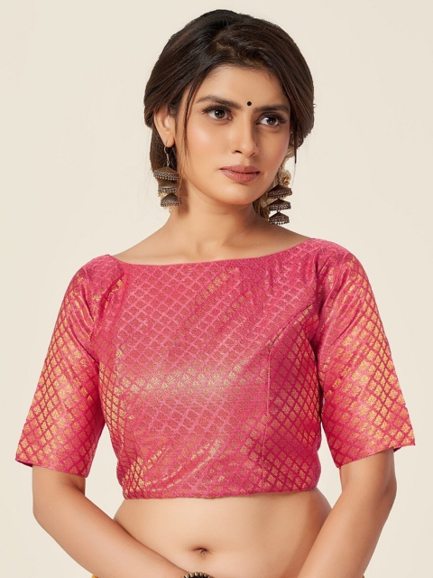 

HIMRISE Women Pink Woven-Design Boat Neck Brocade Saree Blouse