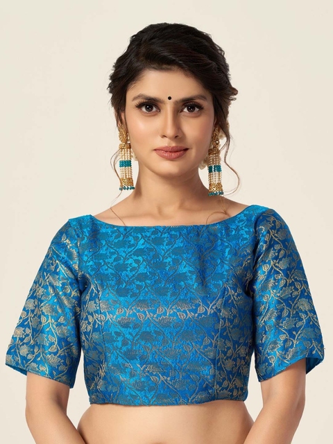 

HIMRISE Women Sky Blue & Golden Printed Boat Neck Saree Blouse