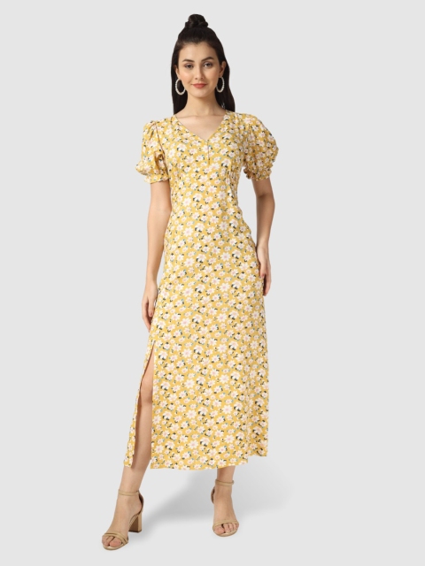 

The Label Bar Yellow Floral A-Line Slit Maxi Dress