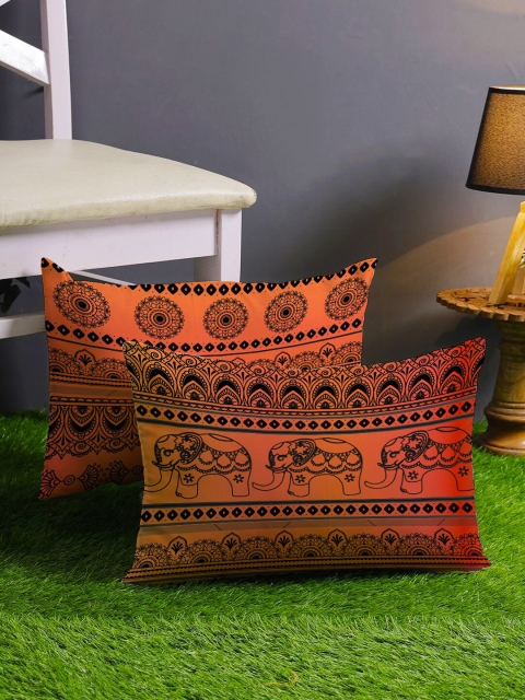 

STITCHNEST Peach & Black Set of 2 Ethnic Motifs Rectangle Cushion Covers