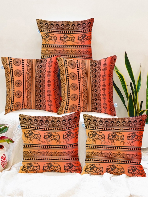 

STITCHNEST Peach-Coloured & Black Set of 5 Ethnic Motifs Square Cushion Covers