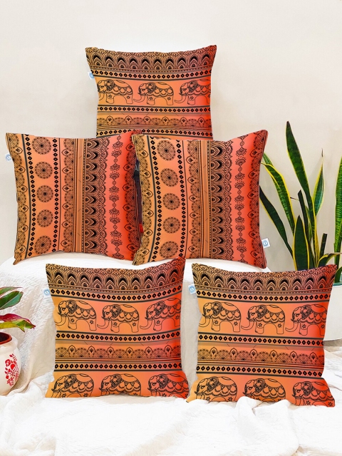 

STITCHNEST Peach-Coloured & Black Set of 5 Ethnic Motifs Square Cushion Covers